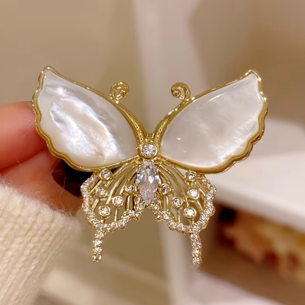 Sparkling Rhinestones Gold Tone Butterfly Brooch with Mother-of-Pearl Wings Gift
